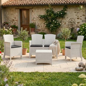 Dmora Conjunto De Sal&oacute;n Exterior Urano, Conjunto De Jard&iacute;n Con Cojines, Conjunto De Sal&oacute;n Interior Efecto Rat&aacute;n, 100% Made In Italy, Blanco