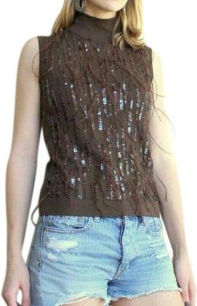 Escada Brown Wool Feather Sequins Sleeveless Top Size L
