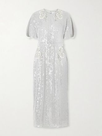 Erdem Abito Midi In Chiffon Con Paillettes E Decorazioni - Argento