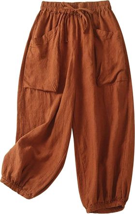 Generic Womens Boho Cotton-Linen Harem Pants - Nine-Tenths Length Wide Leg Trousers with Oversized Pockets, Breathable Casual Palazzo Pants for Summer Comfort