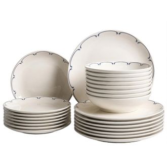 Beliani Vajilla De 24 Piezas De Porcelana Acabado Esmaltado Transparente Con Ribete Decorativo Blanco Y Azul Charoli