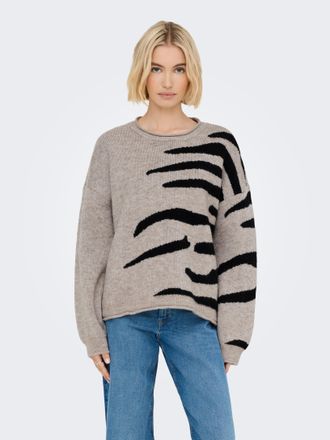 Only Rundhalspullover ONLY ONLJADE PATTERN LS O-NECK EX KNT, Damen, Gr. XS, pumice stone pattern:schwarz zebra, Strick, Obermaterial: 81% Polyacryl, 19% Po