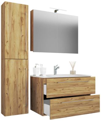 VCM 4 Piezas Lavabo Lavabo Gabinete Inferior Ancho 80 Cm Muebles De Ba&ntilde;o Conjunto Con Cajones Puertas Giratorias Armario De Espejo Badinos (roble De Miel)