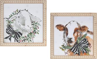 Melrose International Framed Winter Farm Animal Print (Set of 2) - White, Brown, Beige