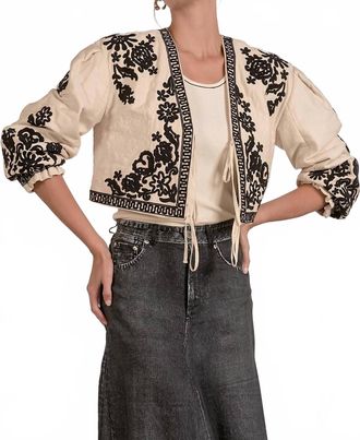 Elan Floral Stitch Puff Sleeve Jacket In Natural/black