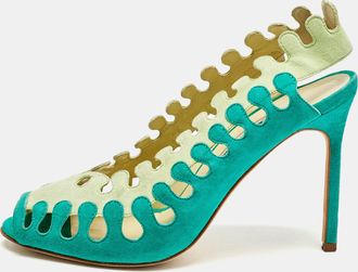 Manolo Blahnik Two Tone Cutout Suede Slingback Peep Toe Pumps