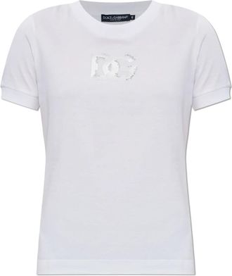 Dolce & Gabbana T-Shirt met Glanzend Logo - Dames - T-shirts - Wit - 2XS - Katoen - Tops