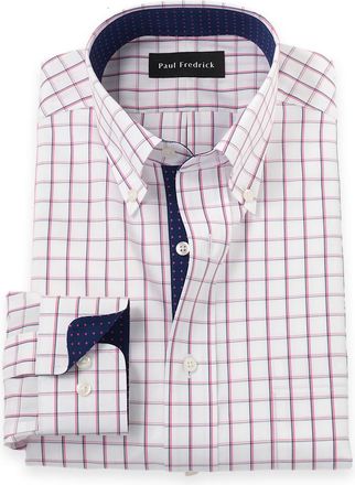 Paul Fredrick Tailored Fit Non-iron Cotton Check Dress Shirt With Contrast Trim