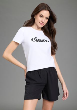 Laura Scott T-Shirt LAURA SCOTT ciao, Damen, Gr. 32/34, wei&szlig;, schwarz, Single Jersey, Obermaterial: 95% Baumwolle, 5% Elasthan, bedruckt, figurumspielend h&uuml;ftlang