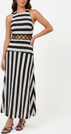 Rachel Roy Daphne Halter Neck Midi Dress in Black & White Stripe at Nordstrom, Size 14