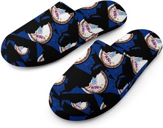 Generic Virginia Flag Map Flannel Mens Slip-on Slippers Winter Warm House Shoes with Rubber Sole for Home Hotel