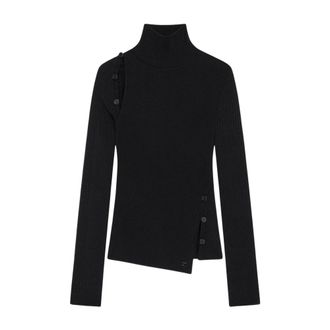 Courr&egrave;ges Turtlenecks, female, Black, L, Black Ribbed Jumper with Cut-Out Logo