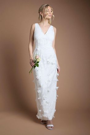 Oasis Womens Applique V Neck Maxi Wedding Dress - White - Size 16 UK