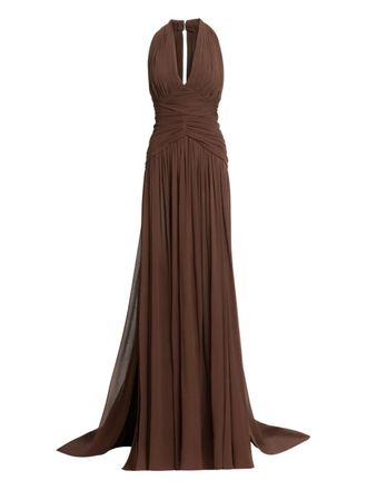 Elie Saab halterneck ruched maxi dress - women - Fabric - 38 - Brown