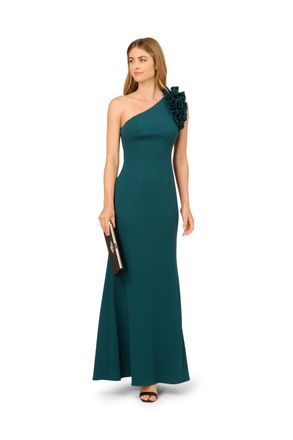 Adrianna Papell Womens One Shoulder Ruffle Crepe Gown - Green - Size 18 UK