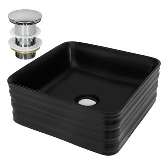 ML Design Lavabo negro cuadrado de cer&aacute;mica con desag&uuml;e plateado