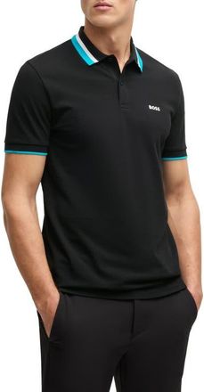 BOSS Paddy Tipped Cotton Polo in Black at Nordstrom, Size Xxx-Large