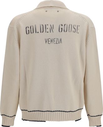 Golden Goose Mens Rindley Polo With Logo Print Heritage White Cotton; Polyester Knitwear Sweater