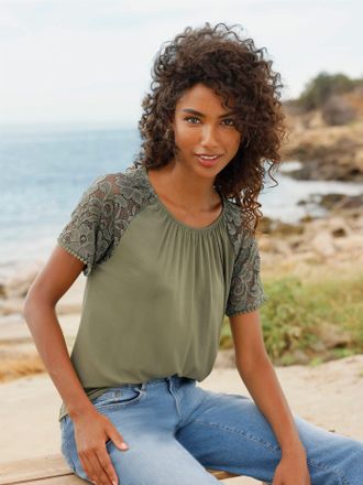 Heine Spitzenshirt HEINE T-Shirt, Damen, Gr. 34, khaki, 95% Viskose, 5% Elasthan, Spitze:5% Elasthan, 95% Polyester, unifarben, Rundhals, Shirts Spitzenshir