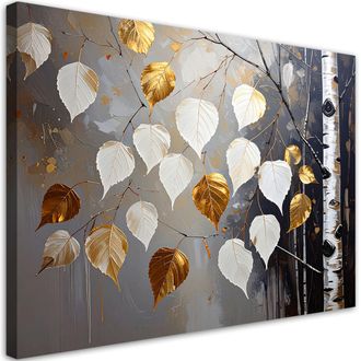 Feeby Cuadro Sobre Lienzo Bosque Hojas De Abedul Blanco Dorado Naturaleza 100x70