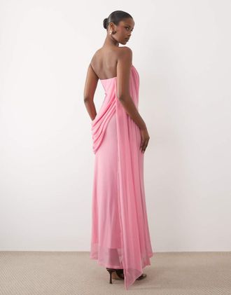 Asos Vestito lungo a fascia in rete rosa confetto con dettaglio drappeggiato stile sciarpa