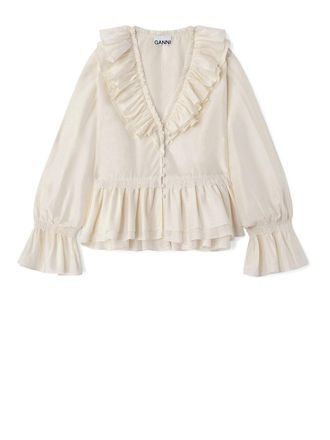 Ganni Viscose Silk Habotai Frill Blouse