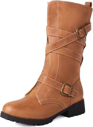 Generic Womens Mid-Calf Boots Cross Strap Buckle Faux Leather Contrast Stitching Round Toe Low Block Heel Lug Sole Reinforced Durable Design,Brown,6.5 UK