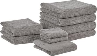 Beliani Conjunto De 9 Toallas De Algod&oacute;n Gris Patr&oacute;n Chevron Textura Suave Ba&ntilde;o Mitiaro