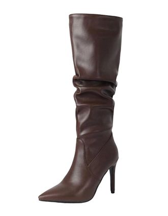 Generic Women Knee Boots Heels Stiletto Slip-On Pointed Toe Soft Leather Pleated Long Boots