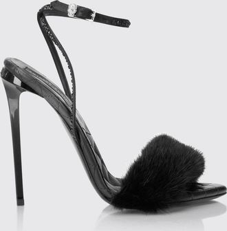 Philipp Plein Stiletto Heel Sandals in Leather and Faux Fur with Rhinestones