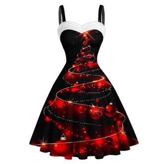 Generic Women Christmas Party Dress Xmas Tree Swing Dress Fluffy Neck Novelty Printed Skater Xmas Dress Sleeveless Cocktail Dresses Snowflakes Christmas Tree 
