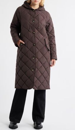 Bernardo Hooded Quilted Longline Jacket in Brown at Nordstrom, Size Xx-Large