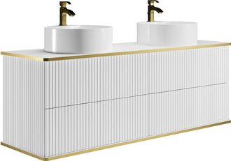 Vente-Unique Mueble de baño suspendido estriado con ribete dorado y dos lavabos redondo - Blanco - 150 cm - KELIZA