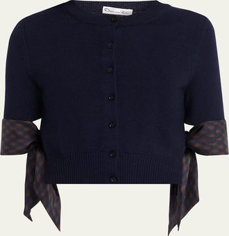 Oscar De La Renta Argyle Silk Cuffs Crop Crewneck Cardigan