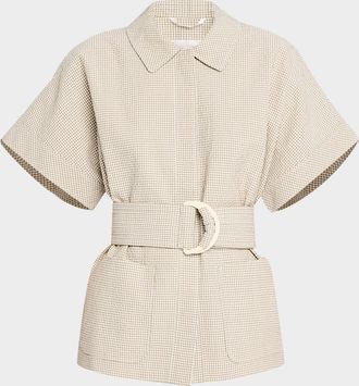 Maison Common Gingham Seersucker Short-Sleeve Jacket With Belt
