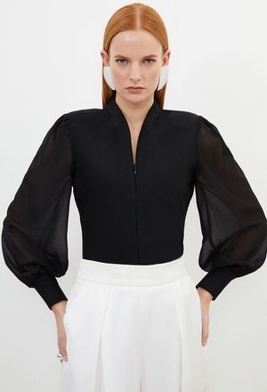 Karen Millen Womens Bandage Figure Form Zip Detail Chiffon Sleeve Knit Top - Black - Size 16 UK