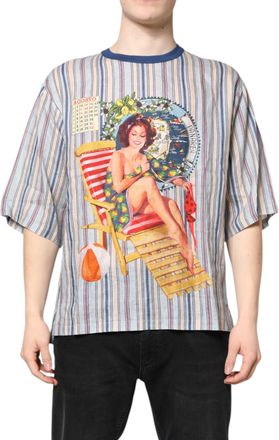 Dolce & Gabbana Mens Multicolor Striped Pin Up Linen Round Neck T-Shirt Flax