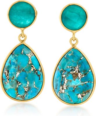 Ross-Simons Turquoise and Green Quartz Drop Earrings in 18kt Gold Over Sterling