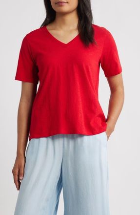 Eileen Fisher Easy V-Neck Organic Cotton T-Shirt in Crimson at Nordstrom, Size Large