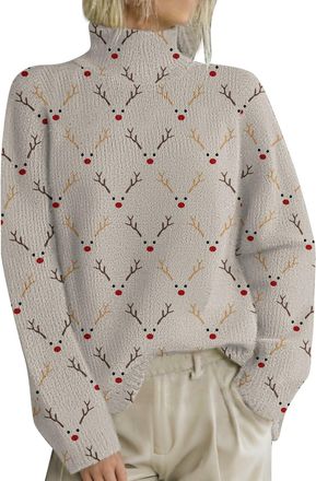 Generic Christmas Sweatshirts for Women High Collar Long Sleeve Loose Printed Pullover Sweater Jumper Tops Wool Turtle Neck Top for Women (Grey, XL)