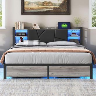 OEM Cama Doble 140x200cm - Estructura De Hierro Negro - Cajones De Almacenamiento - Luces Led - Dise&ntilde;o Contempor&aacute;neo