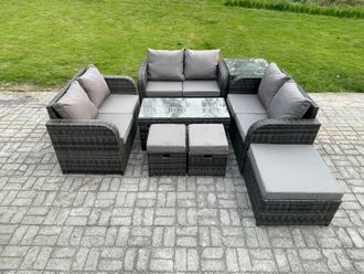 Fimous Outdoor Garden Furniture Sets 8 Pieces Wicker Rattan Furniture Sofa Sets with Coffee Table Love seat Sofa 3 Footstools Side Table in Dark Grey