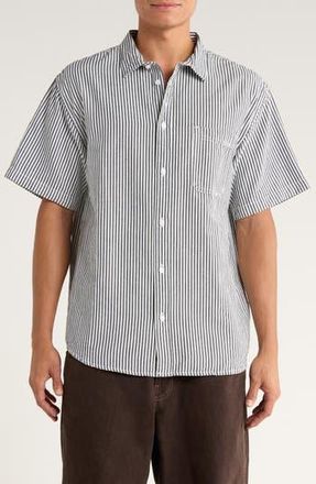 Vans Lawson Stripe Short Sleeve Cotton & Linen Button-Up Shirt in White/Dress Blues at Nordstrom Rack, Size Small