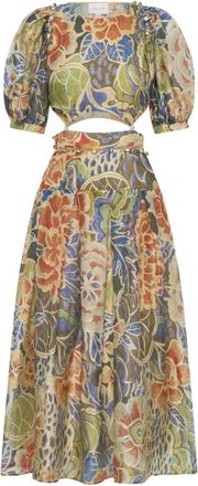 IXIAH Bloemig Casablanca Midi Jurk - Dames - Casual kleedjes - Veelkleurig - S - Linnen - Kleedjes