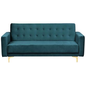 Beliani Sof&aacute; 3 Plazas De Terciopelo Verde Azulado Dorado Reclinable Acolchado Patas Metal Aberdeen