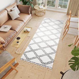 Tapiso Alfombra de pie de cama shaggy de polipropileno en crema 100x300 cm