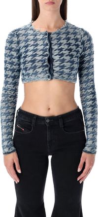 Diesel Womens Blue Cropped Houndstooth Cardigan - Light Grey Cotton - Size Medium