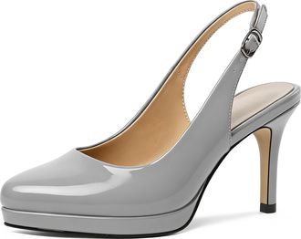 EDEFS Womens Grey Patent Slingback Heels with 3.5 Inch High Heel Platform Elegant Court Shoes for Office and Evening Wear UK2