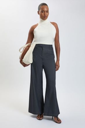 Karen Millen Womens Plus Size Tailored Denim Straight Leg Trouser - Indigo Blue Cotton - Size 20 UK