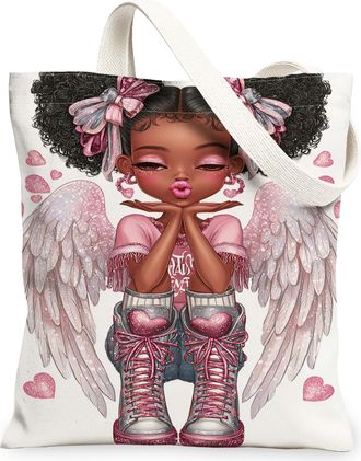 Generic Cute Peach Hearts Canvas Tote Bags, Adorable Love Pattern Reusable Grocery Bags, Lightweight Washable Shoulder Strap Canvas, Peach, 13x15 Inch